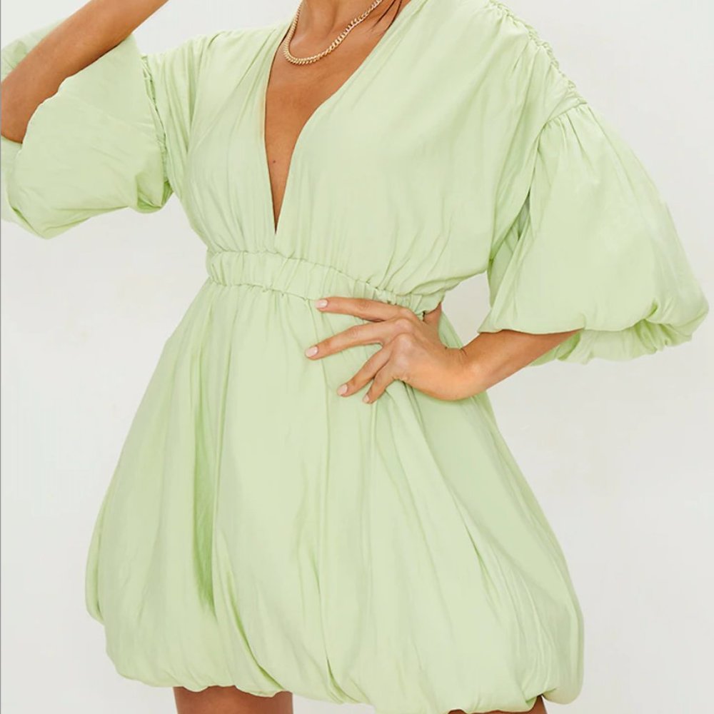 MINT PUFF SLEEVE PUFFBALL HEM SHIFT DRESS - Pretty Little Thing